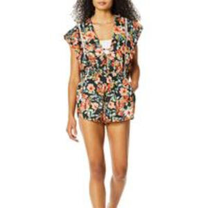 Lucky Brand Orange Floral Flutter Short Sleeve Plunge V Neck Romper Shorts Med